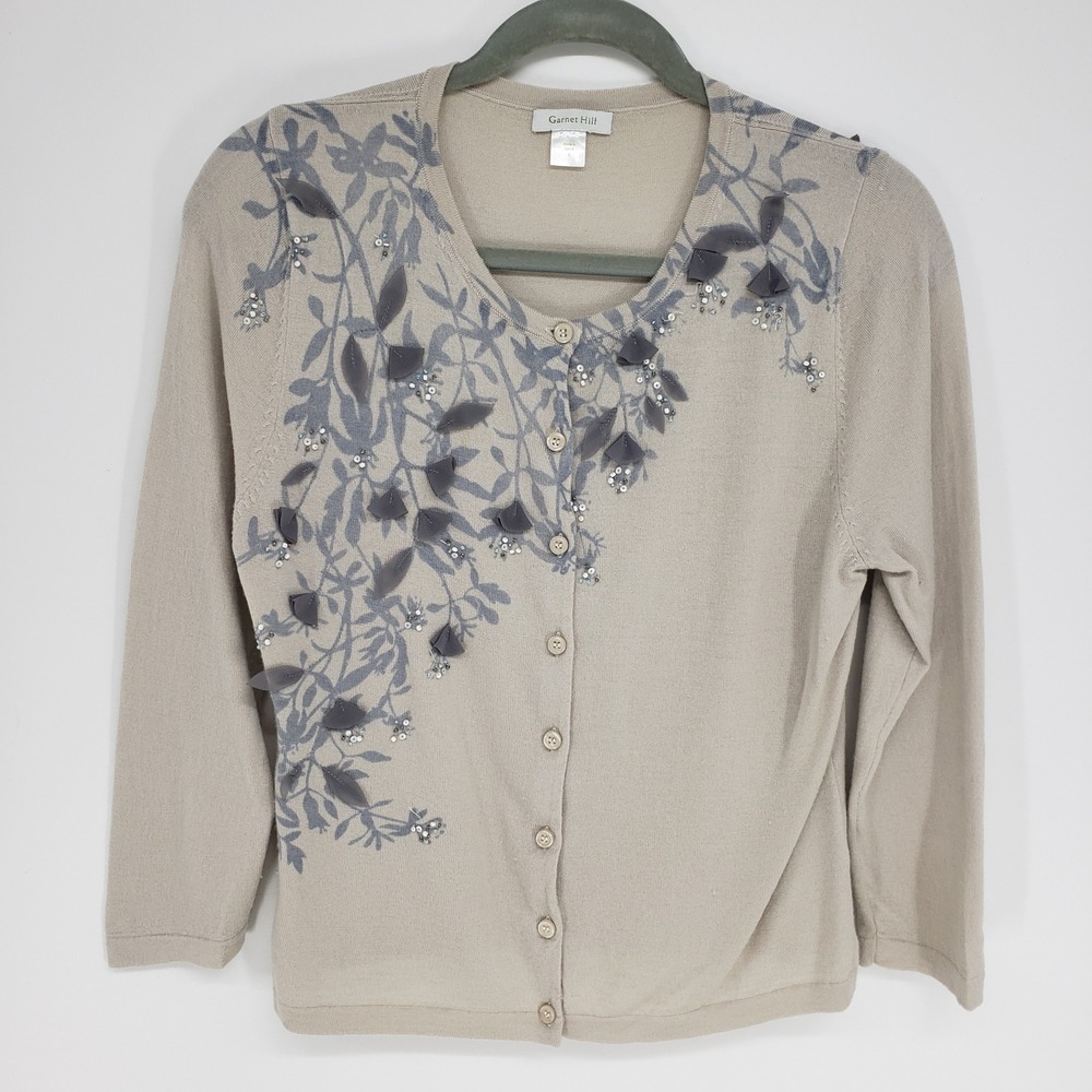 Garnet Hill Floral Beaded Cardigan Women Size L Tan Merino Wool 3D Leaf Sequin